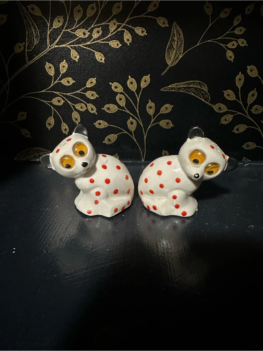 Vintage White Ceramic Meerkat Salt & Pepper Shakers with Red Polka Dots